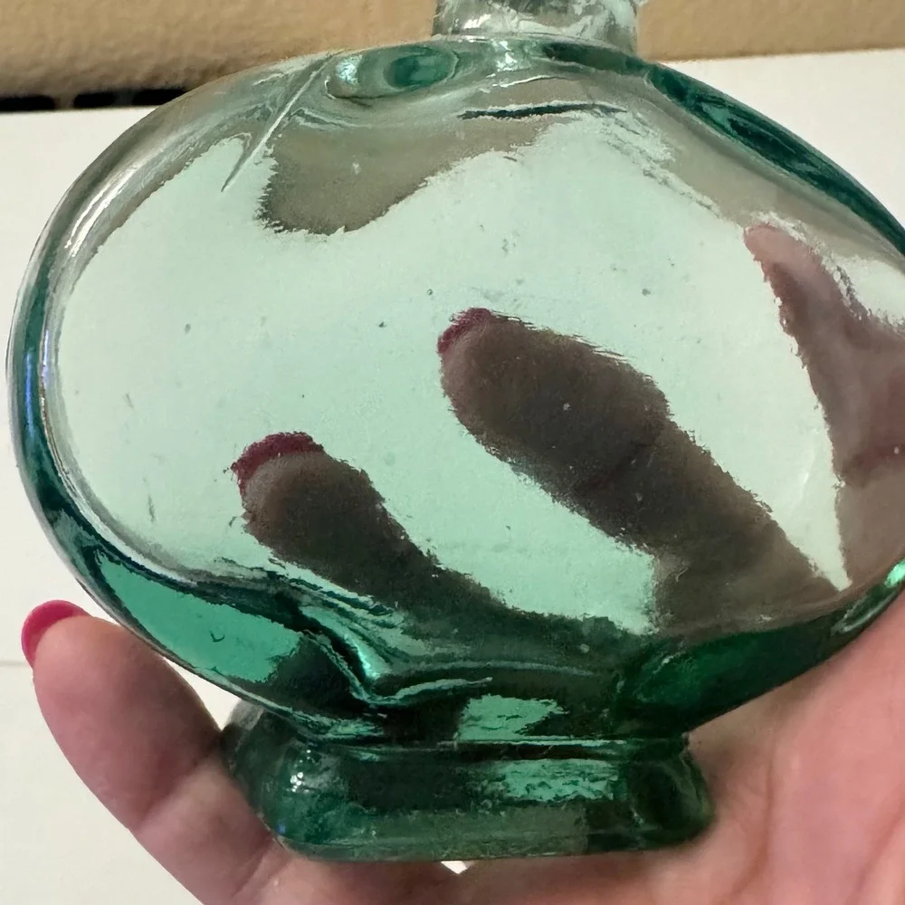Vintage Aqua Green Glass Oval Decorative Bottle with Cork Stopper 4.5 Inch